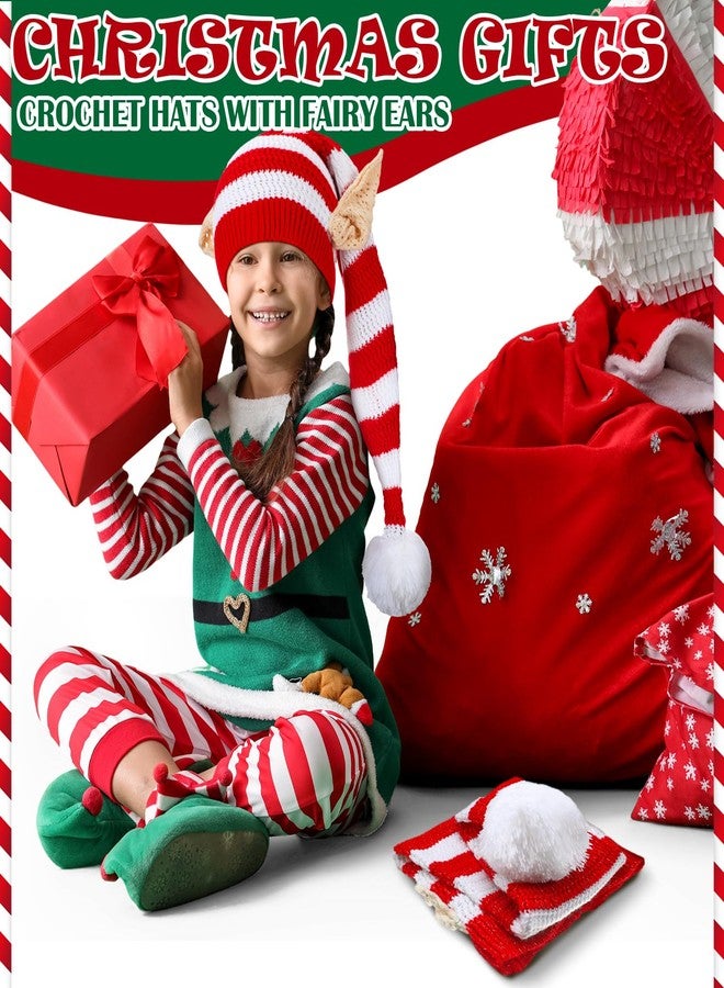 Funtery Christmas Knitted Elf Hats with Ears Crochet Long Santa Hats Beanie Elf Costume Accessories(6pcs,Red and White,Kid) - Image 4